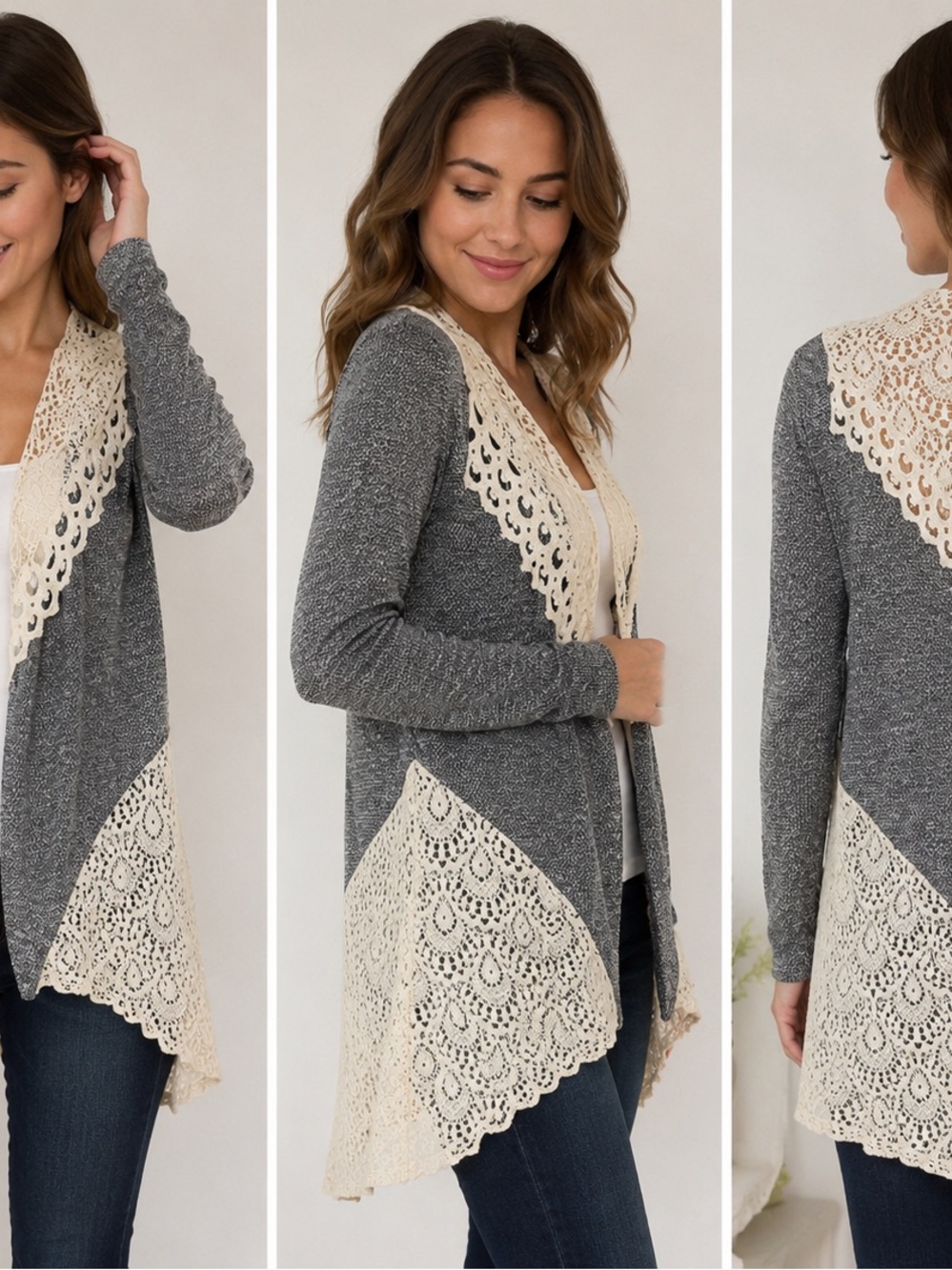 Rue21 Gray Open Cardigan with Cream Crochet Trim